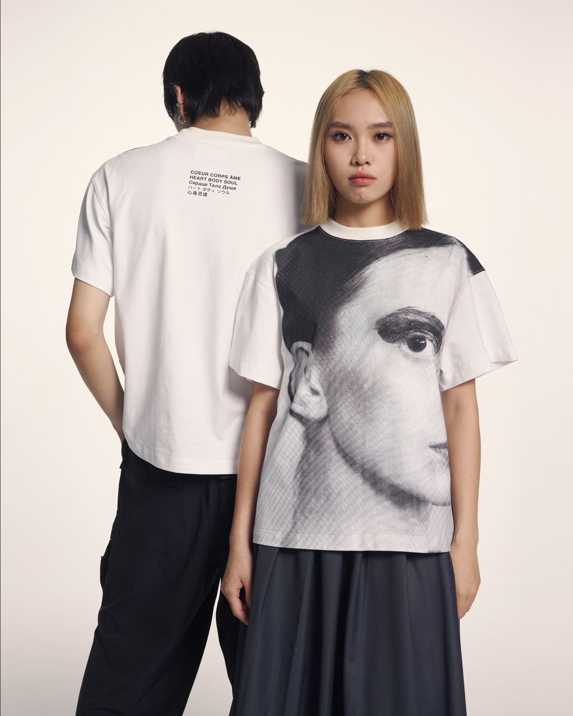 Two people, portrait-print tees